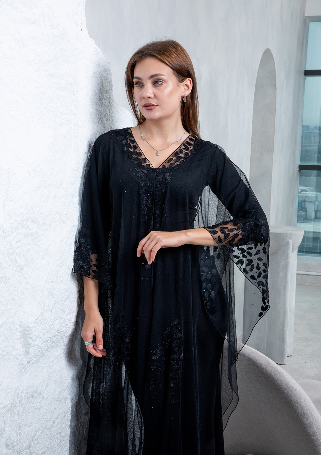 Floral crystal embellished abaya close up detail