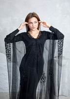 Floral crystal embellished abaya close up detail