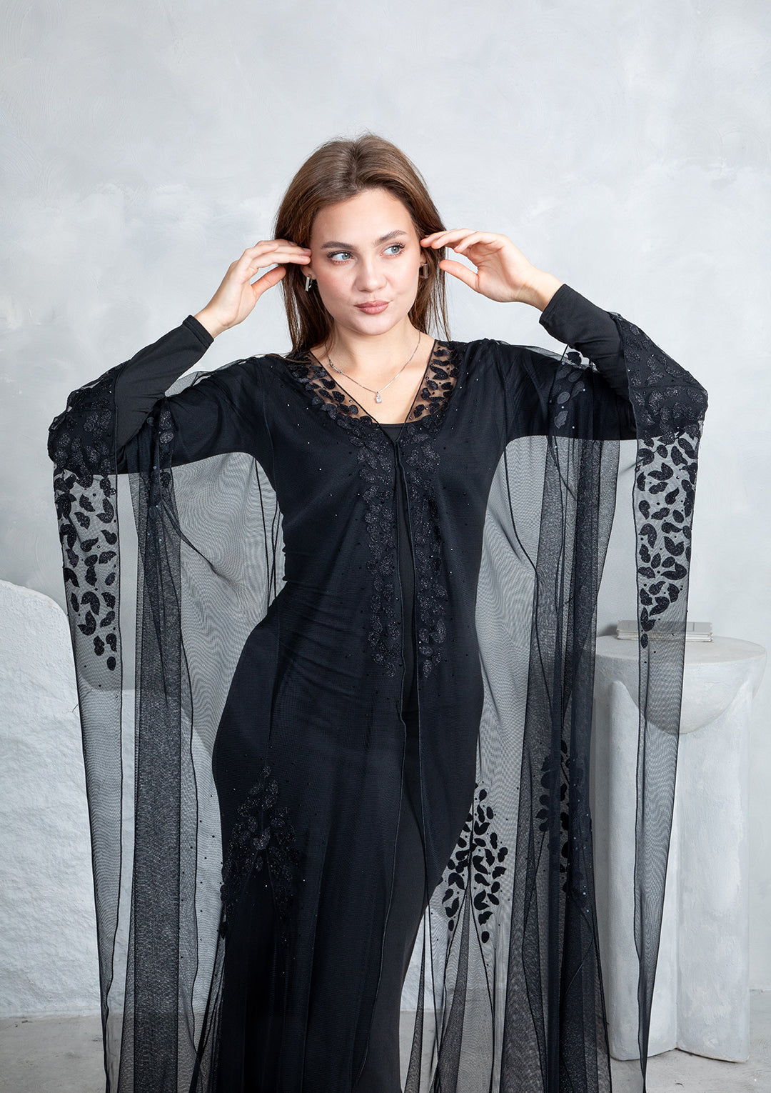 Floral crystal embellished abaya close up detail