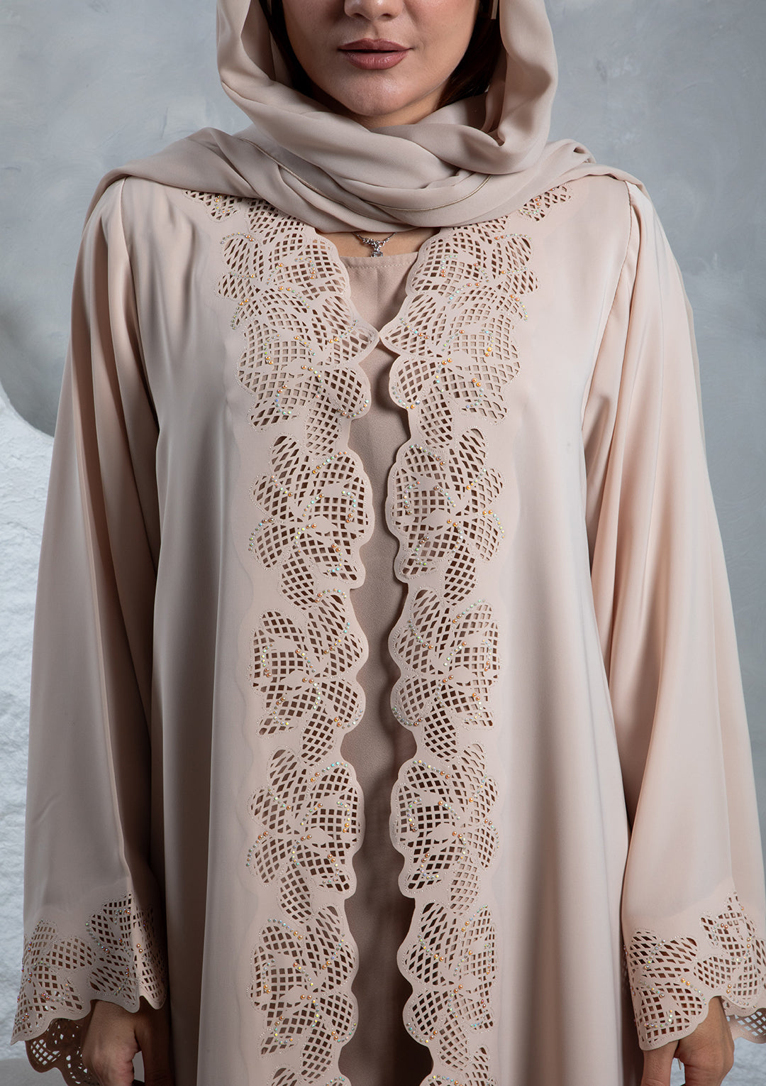 Floral embroidery laser cut abaya sleeve detail