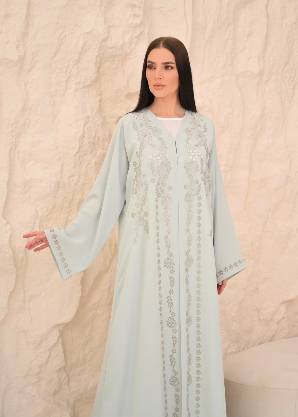 Full-front Aari embroidery close-up mint green Nida abaya — Al Anood UAE
