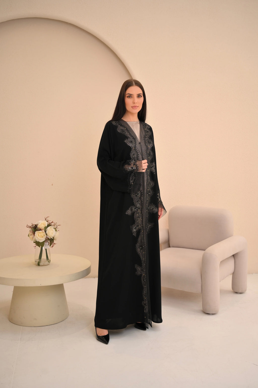 Full-length embroidery detail black open Nida abaya — Al Anood luxury collection