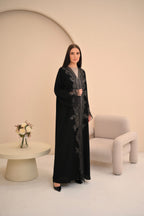 Full-length embroidery detail black open Nida abaya — Al Anood luxury collection