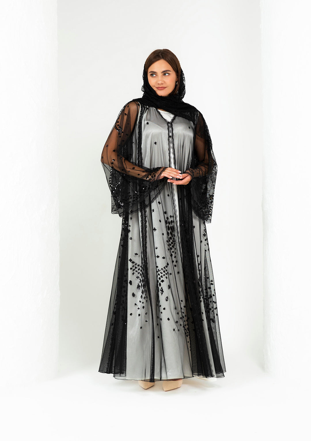 Full length black sheer bridal abaya — dot sequin and lace trim Al Anood UAE