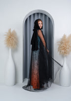 Full length black tulle abaya side view — teal copper gradient velvet Al Anood UAE