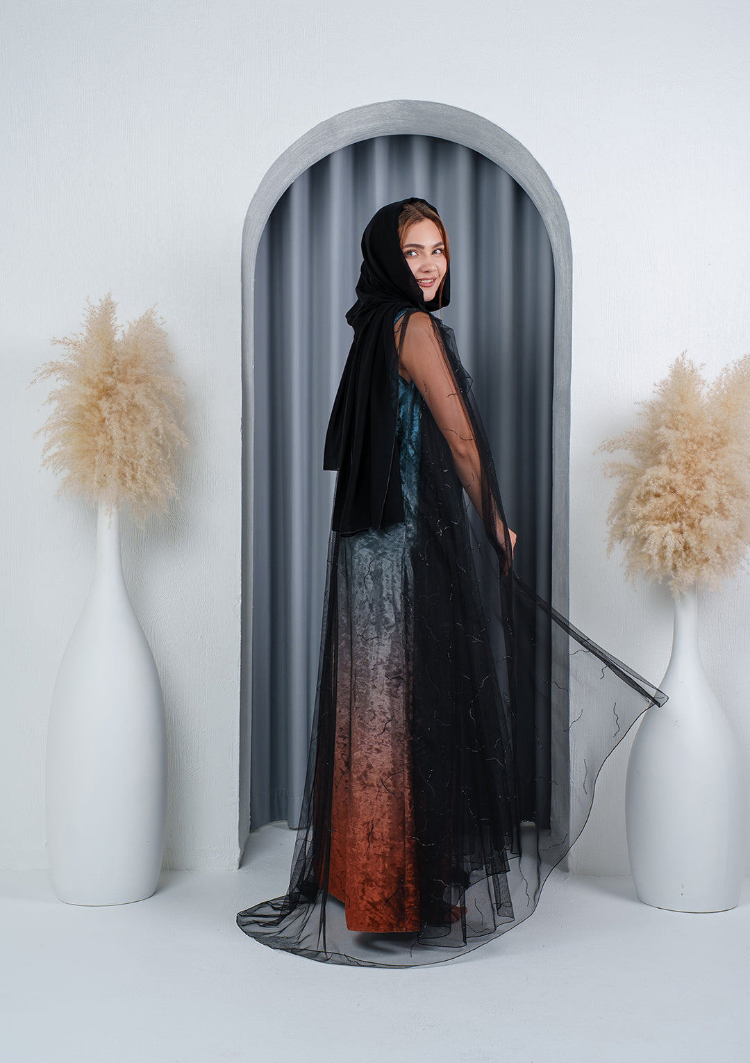 Full length black tulle abaya side view — teal copper gradient velvet Al Anood UAE
