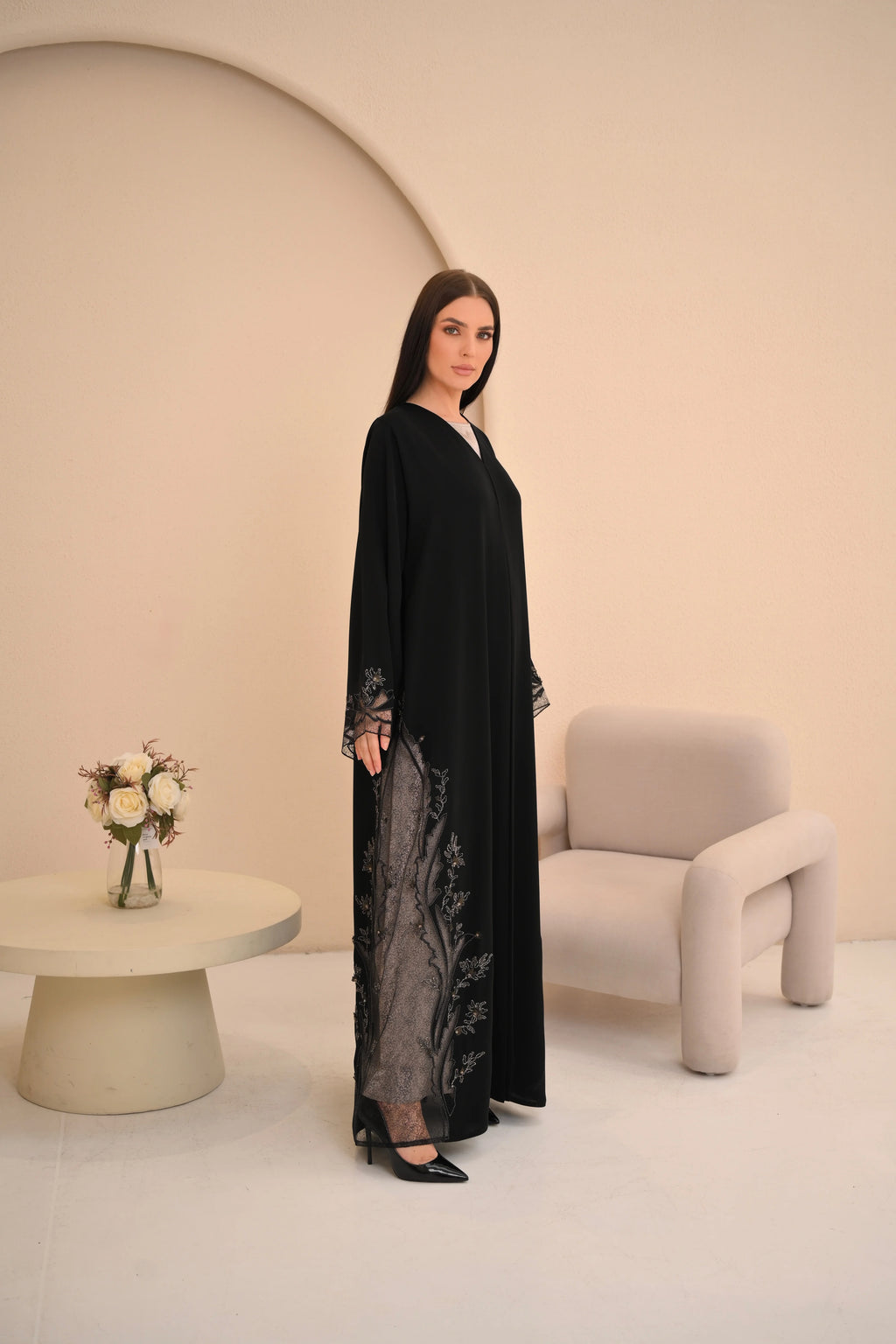 Hand embroidery detail on sheer hem black Nida abaya — Al Anood UAE