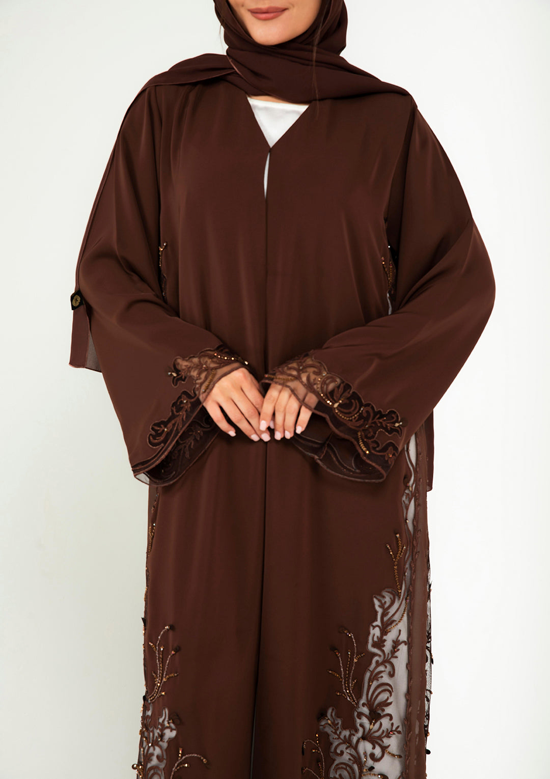 Handcrafted Aari embroidery abaya close-up detail