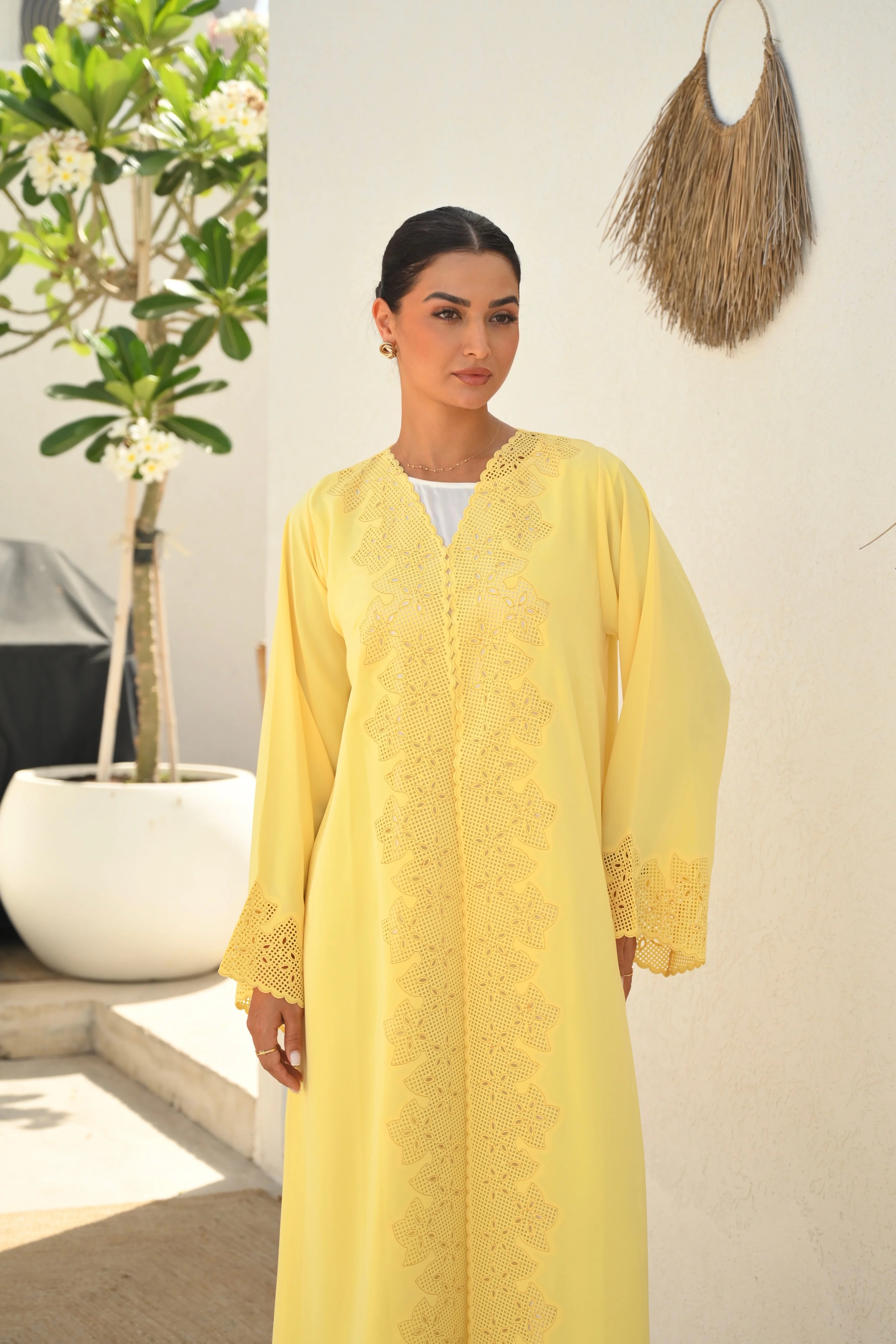 Luxury Yellow Abaya with Laser Cut Embroidery
