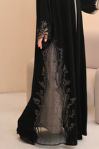 Black Nida Abaya Hand Embroidery & Sheer Hem Panels