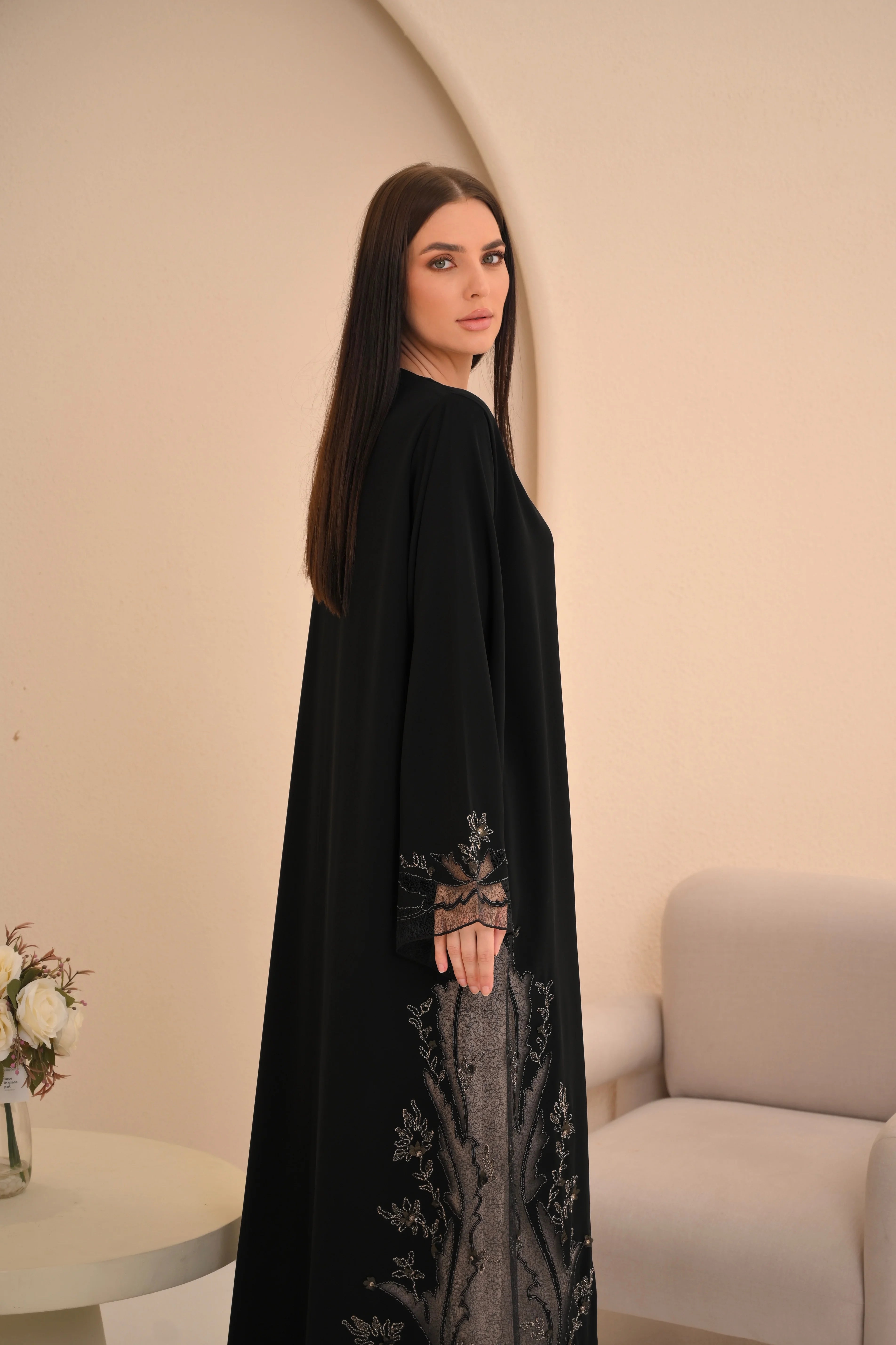 Black Nida Abaya Hand Embroidery & Sheer Hem Panels