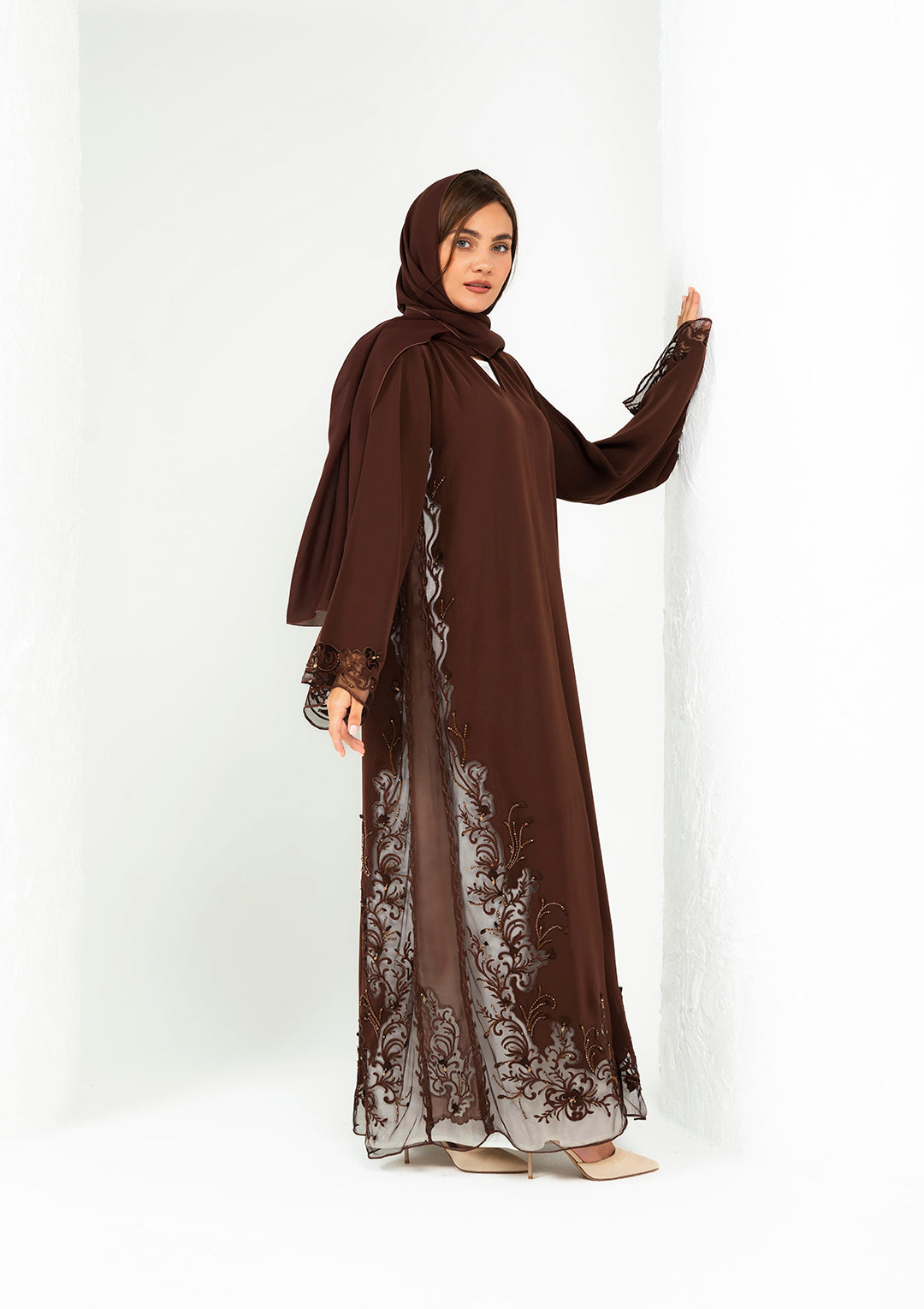 Luxury VIP abaya with floral baroque embroidery design