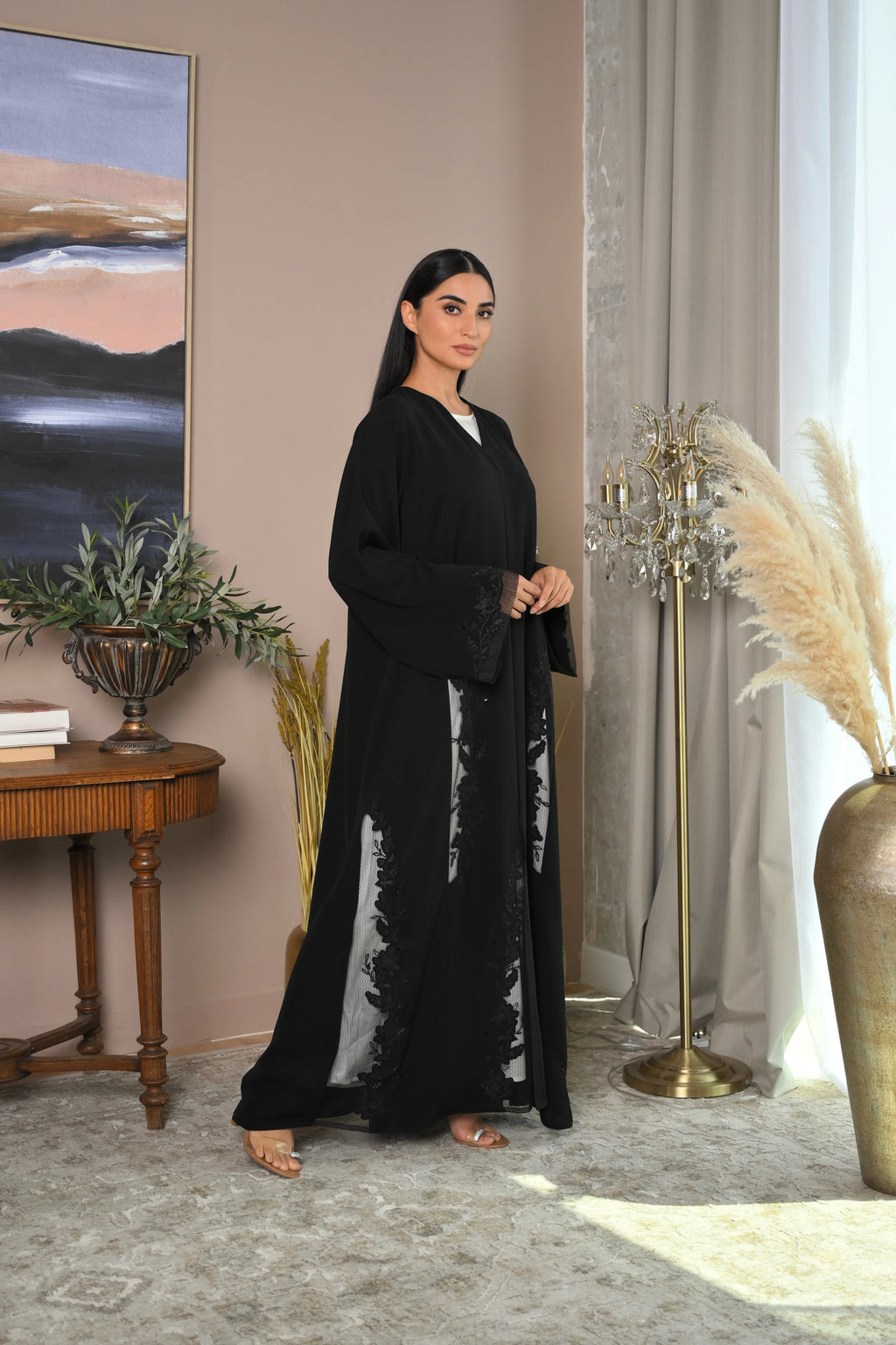 Luxury abaya with laser cut design and handwork on premium Nida fabric by Al Anood