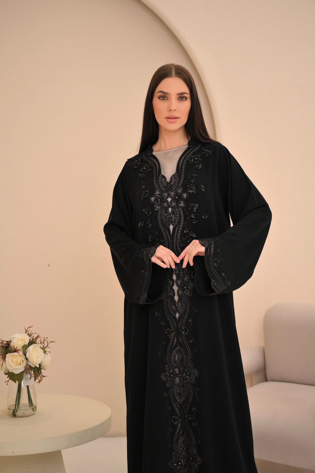 Luxury black Nida abaya with full-length Aari embroidered panel — Al Anood UAE