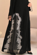 Luxury black abaya side view — sheer panels with organic hand embroidery Al Anood