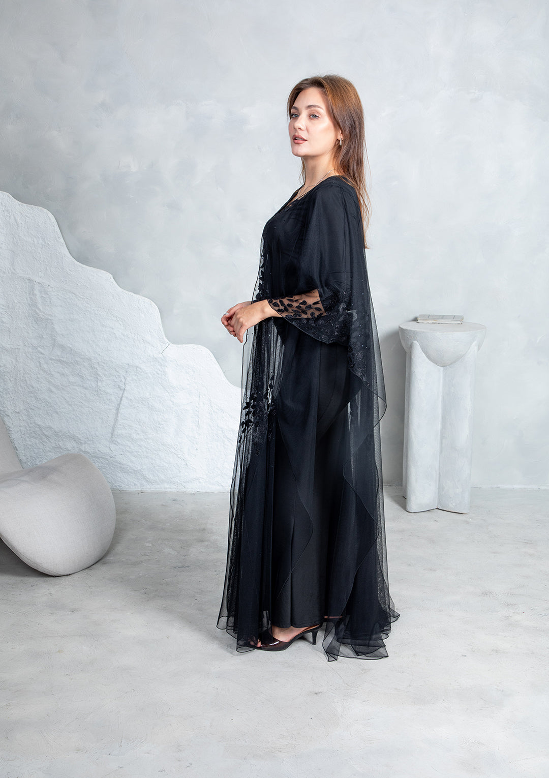 Luxury wedding abaya with 3D leaf laser cut and crystals