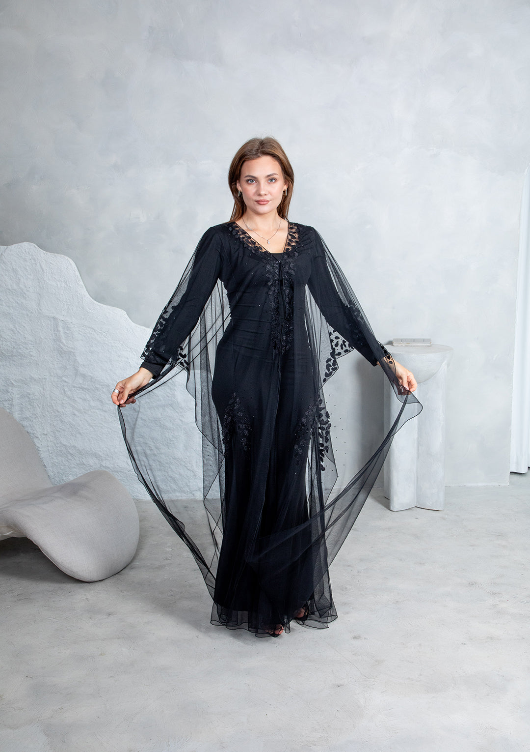 Luxury wedding abaya with 3D leaf laser cut and crystals