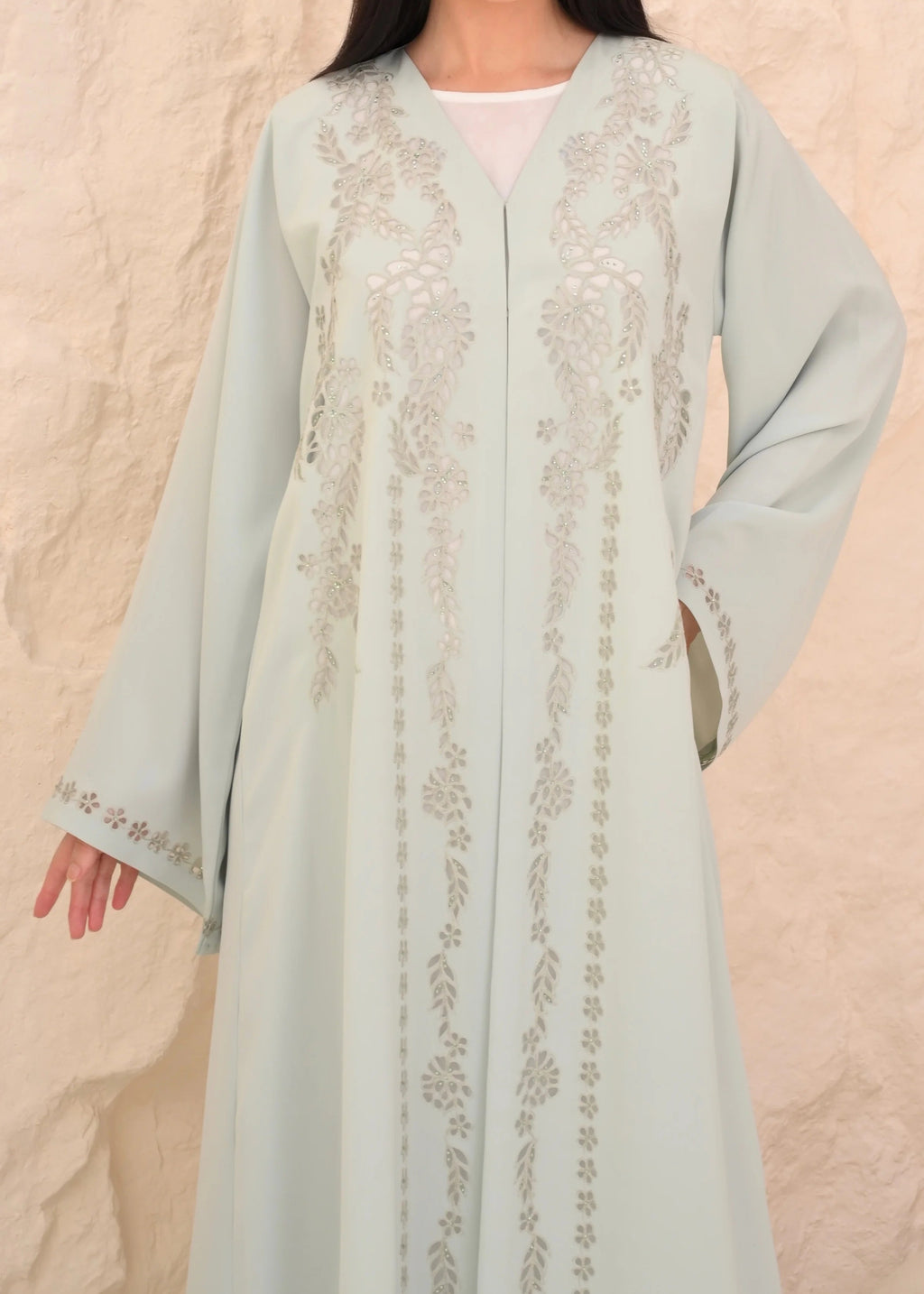 Mint green Nida abaya with matching shayla and full-front embroidery — Al Anood UAE