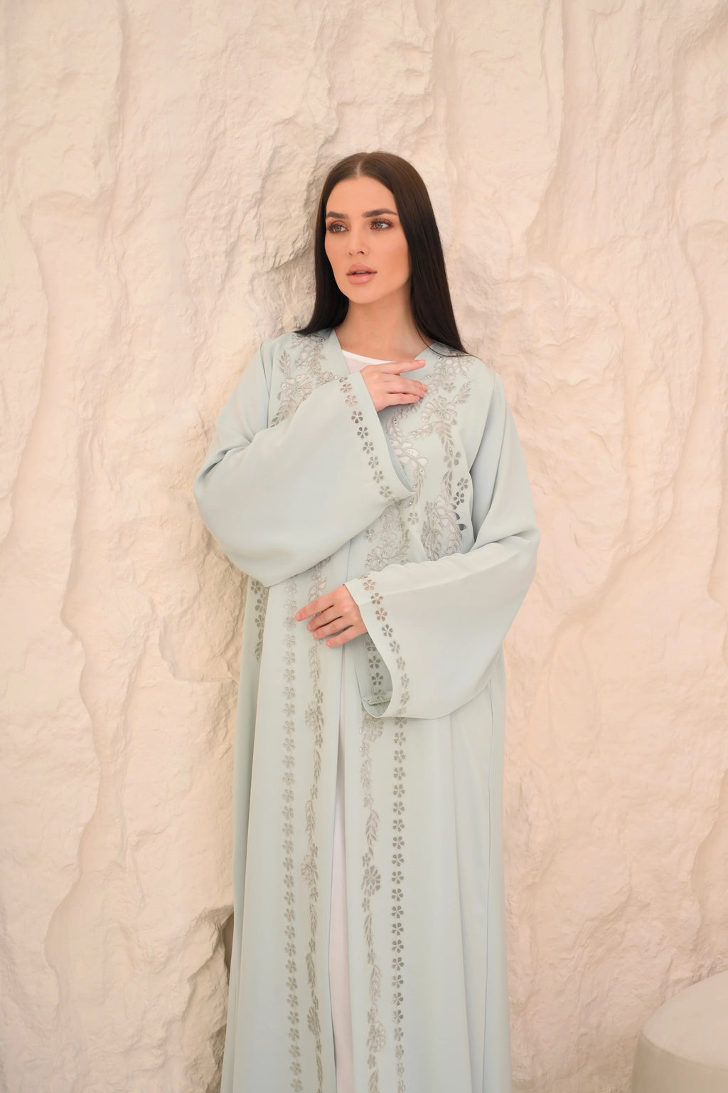 Mint green abaya front detail — Aari handwork and crystal full length Al Anood UAE
