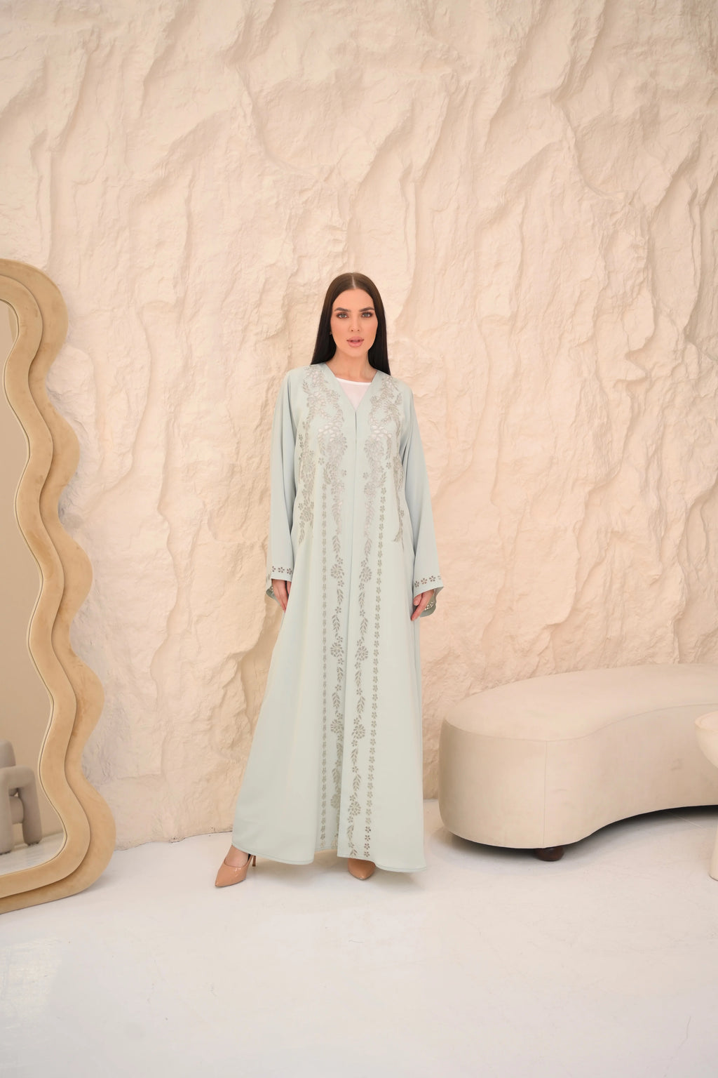 Mint green abaya side view — floral laser-cut sleeves Al Anood luxury collection