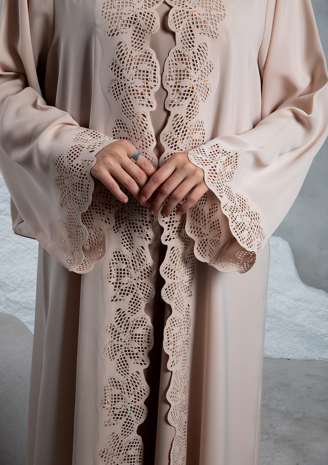 Modern modest abaya fashion in soft nude color