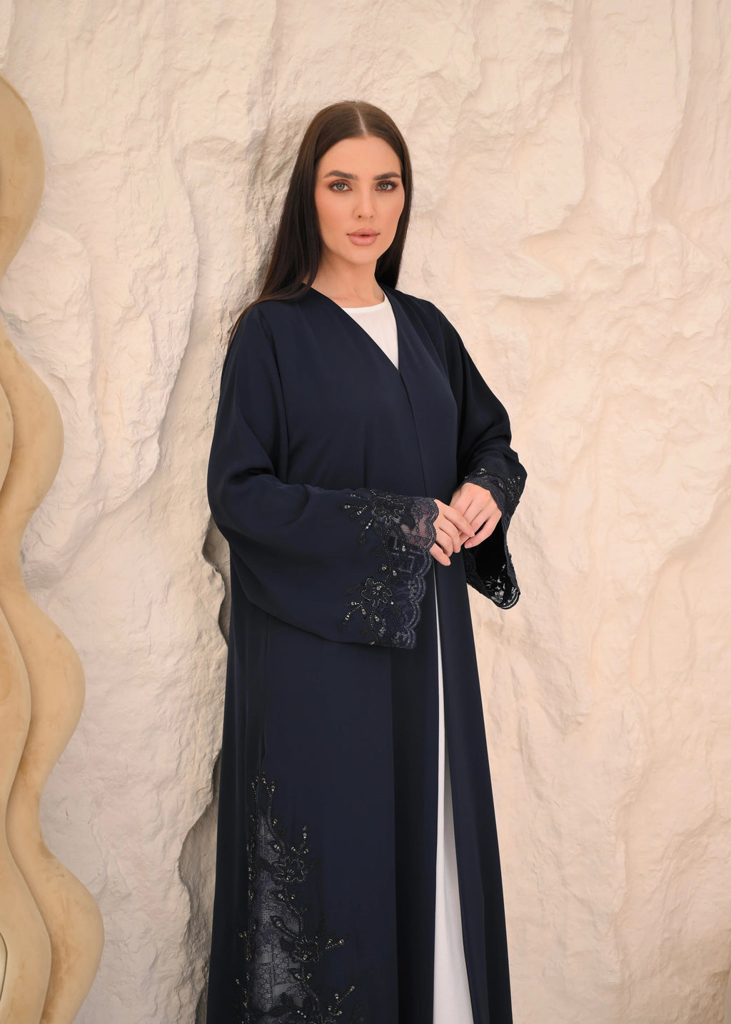 Navy blue Nida abaya with floral Dori handwork on sides — Al Anood UAE