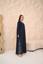 Navy blue abaya front view — matching handwork on sleeves Al Anood UAE