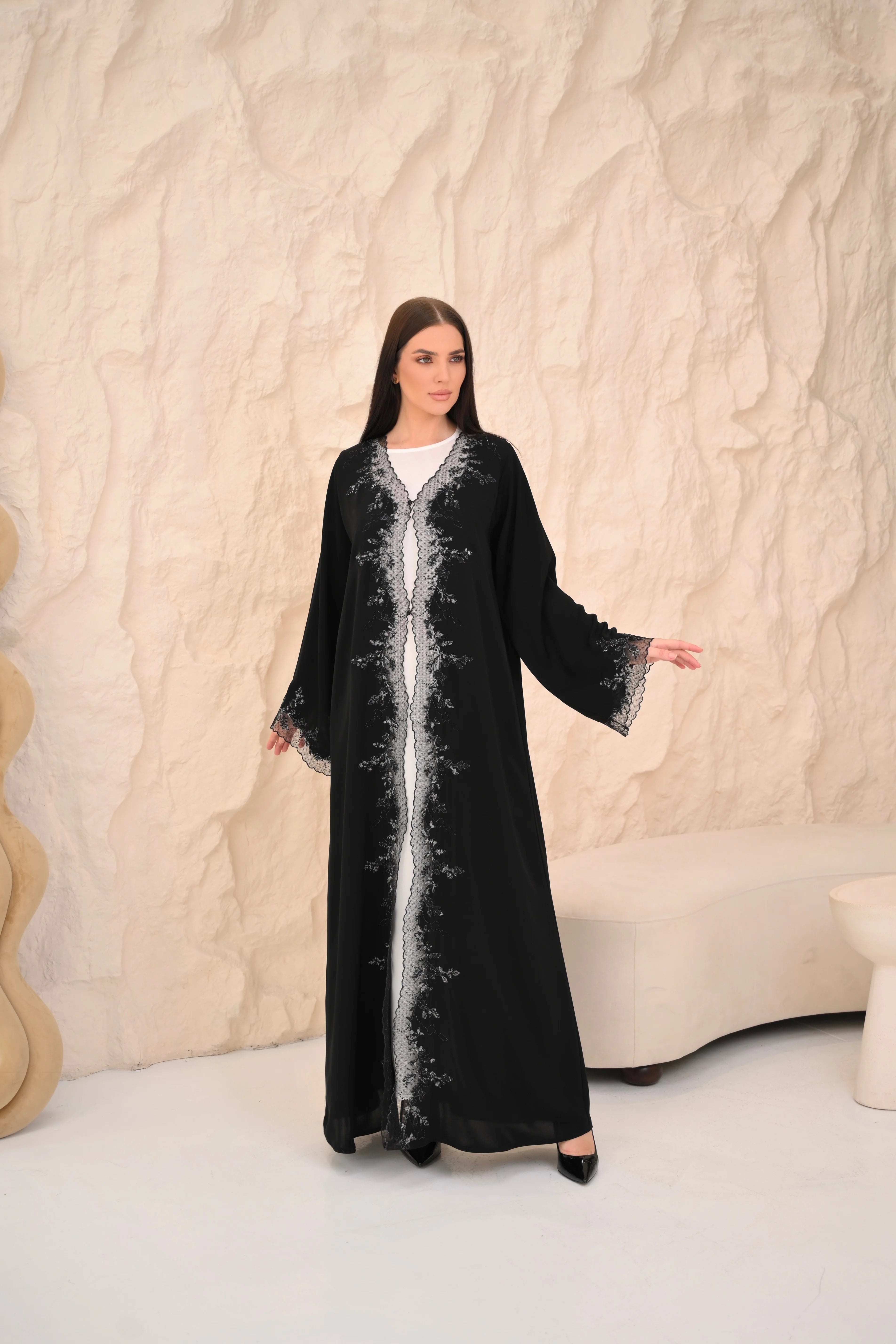 Black Nida abaya with floral hand embroidery and crystal — Al Anood UAE