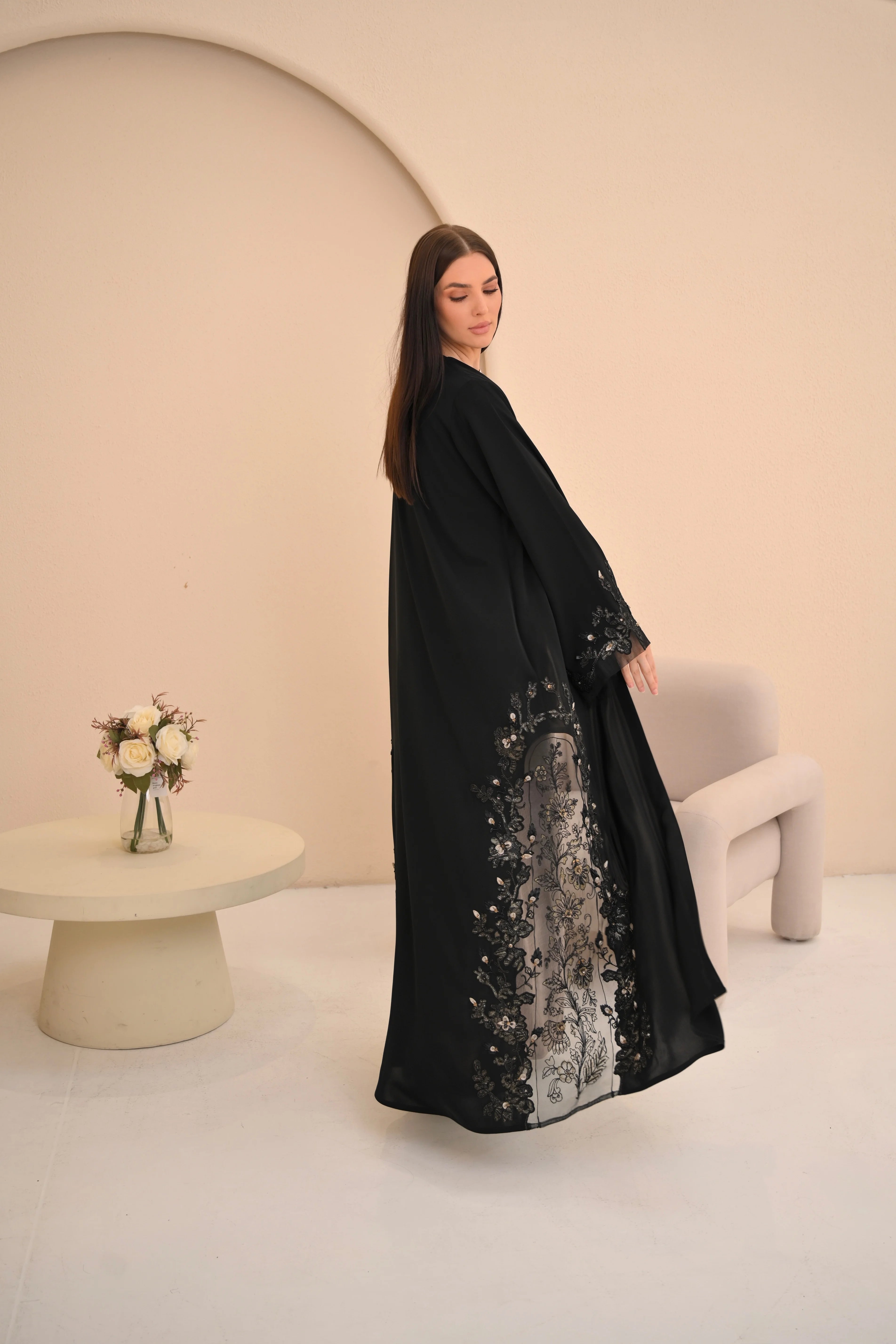 Black Nida abaya sheer floral Dori handwork — Al Anood UAE