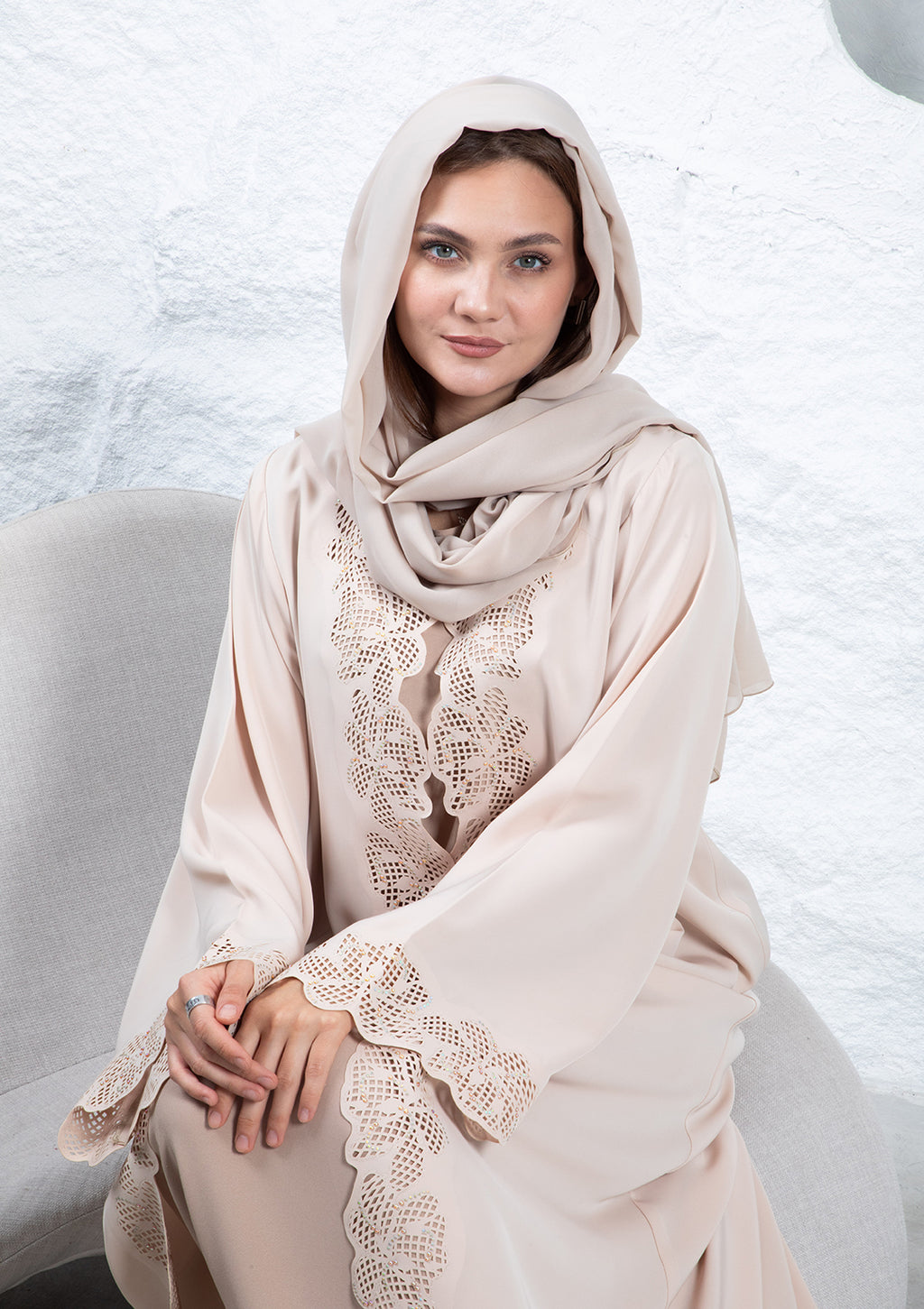 Nude color abaya with floral laser cut design and crystals