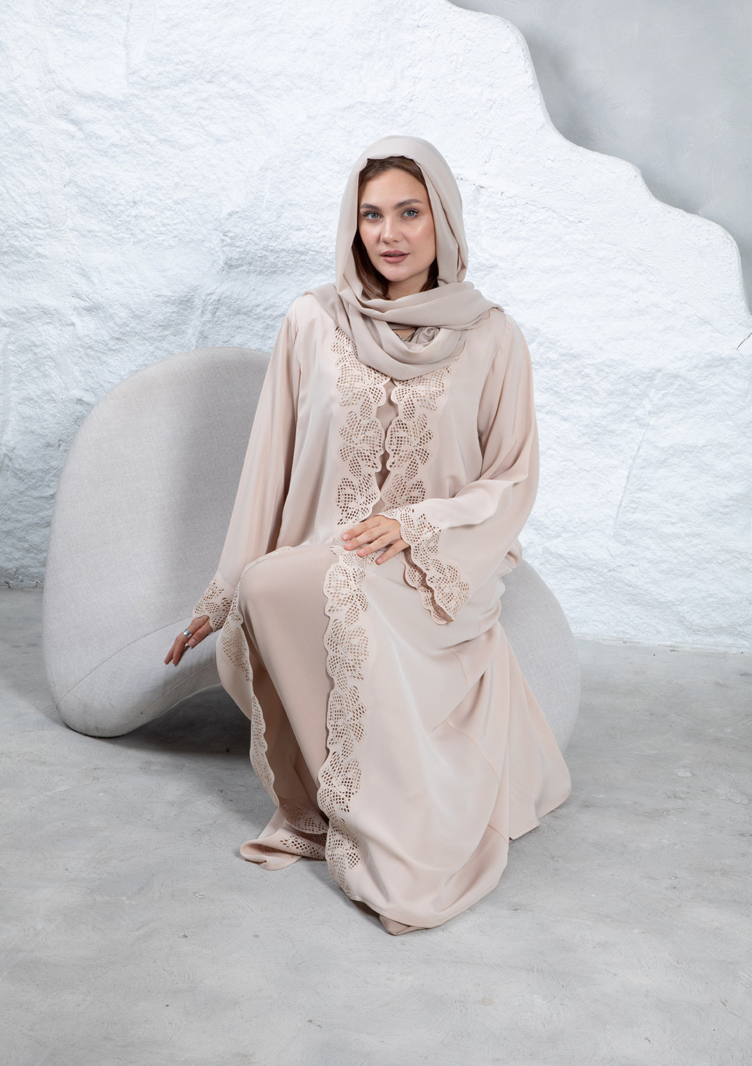 Nude color abaya with floral laser cut design and crystals