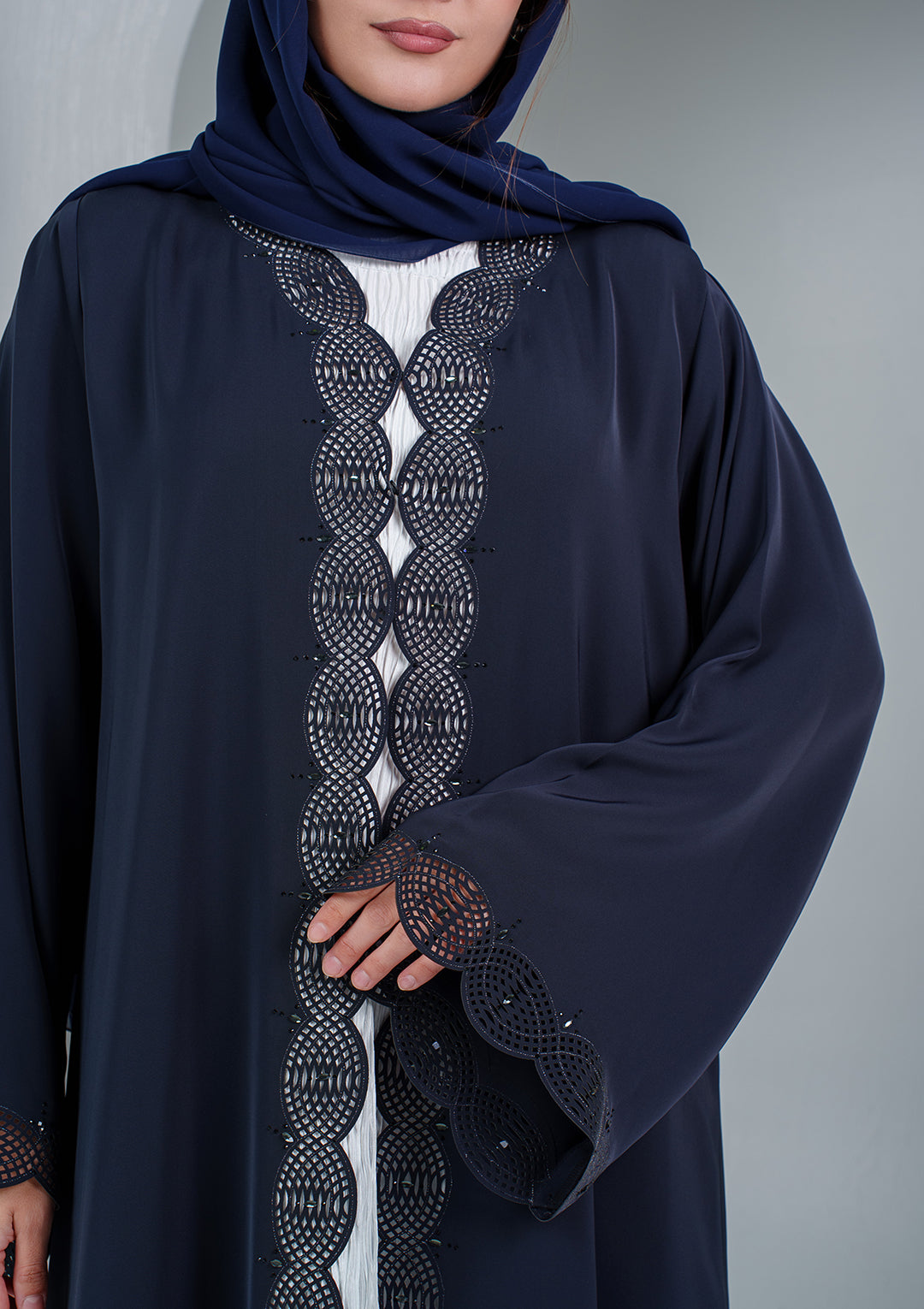 Premium nida fabric abaya with detailed sleeve embellishments
