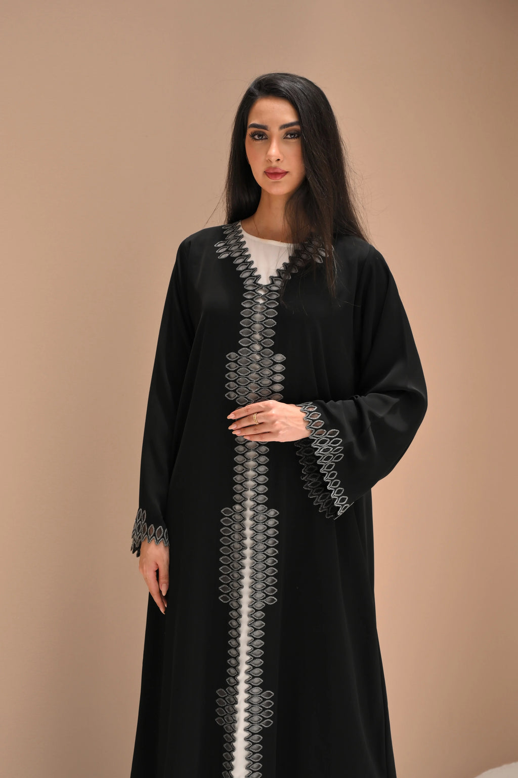 Ready made black Nida abaya with silver computer embroidery by Al Anood