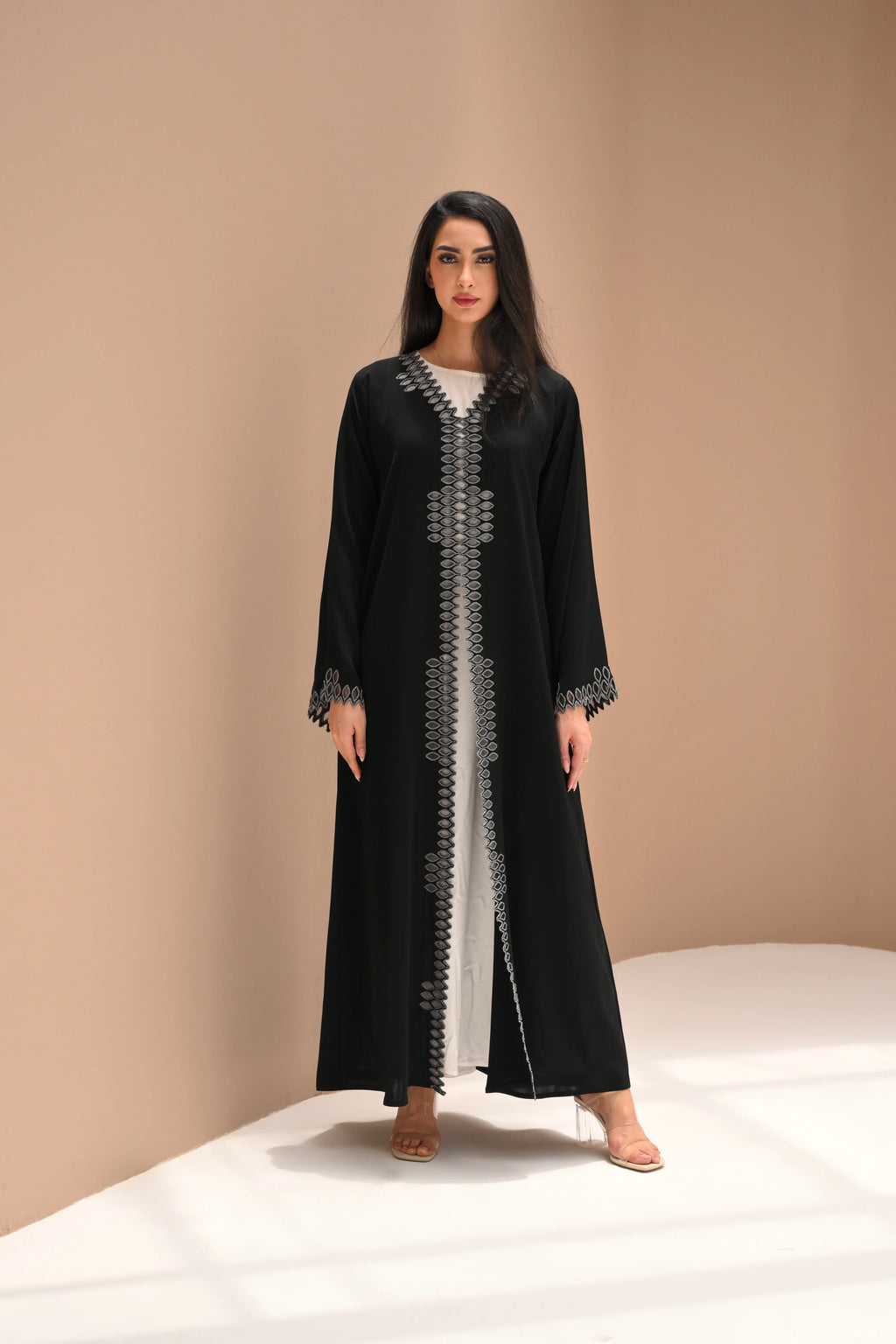 Ready made black Nida abaya with silver computer embroidery by Al Anood