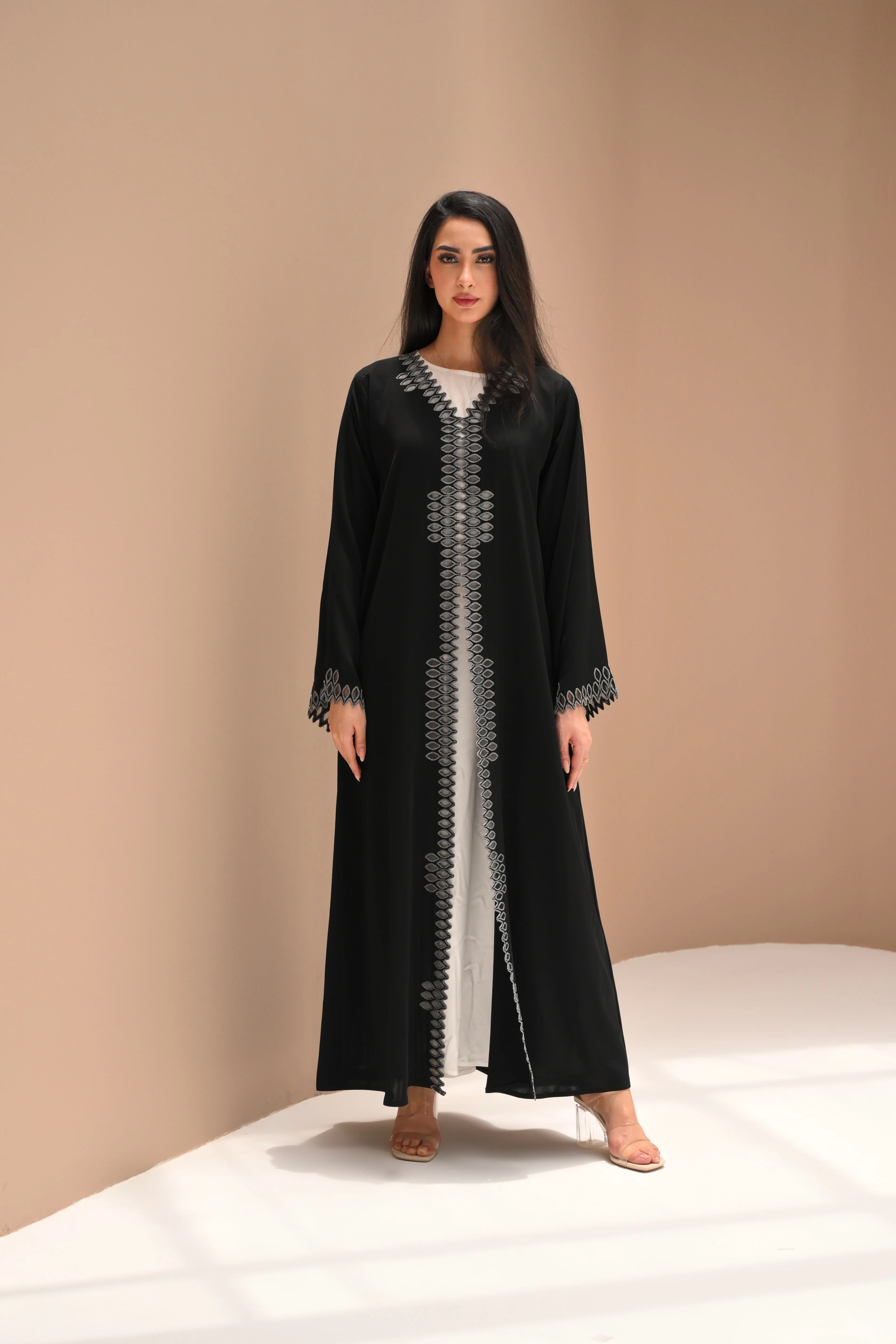 Ready made black Nida abaya with silver computer embroidery by Al Anood