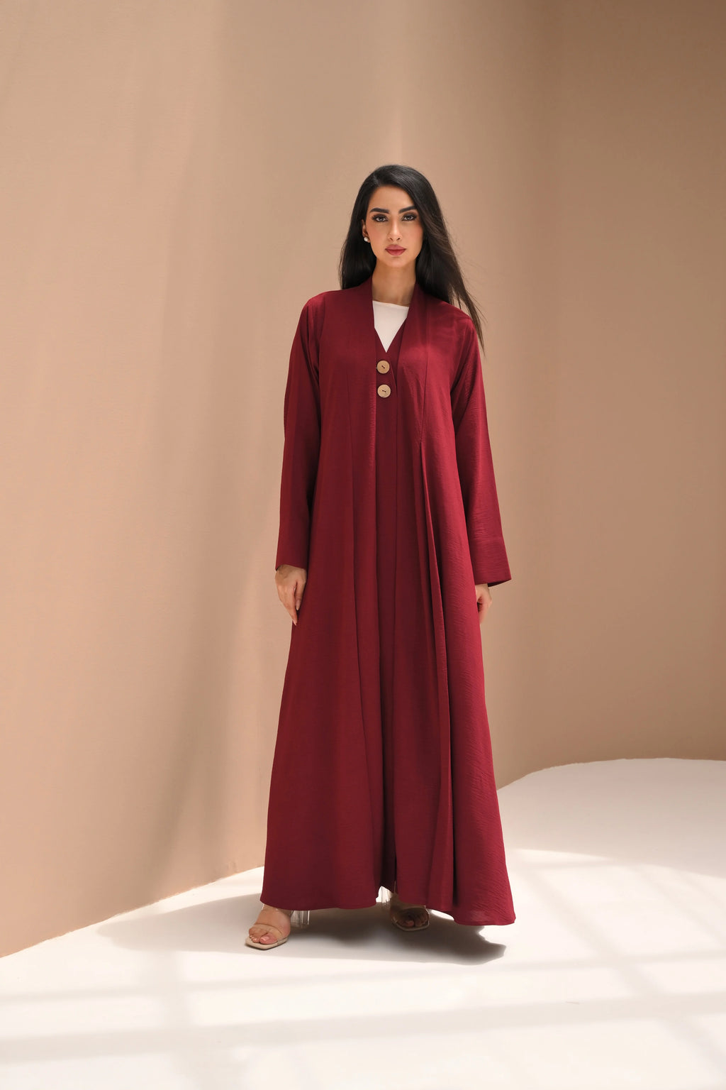 Royal burgundy nida fabric abaya for women with elegant ready-to-wear Emirati design