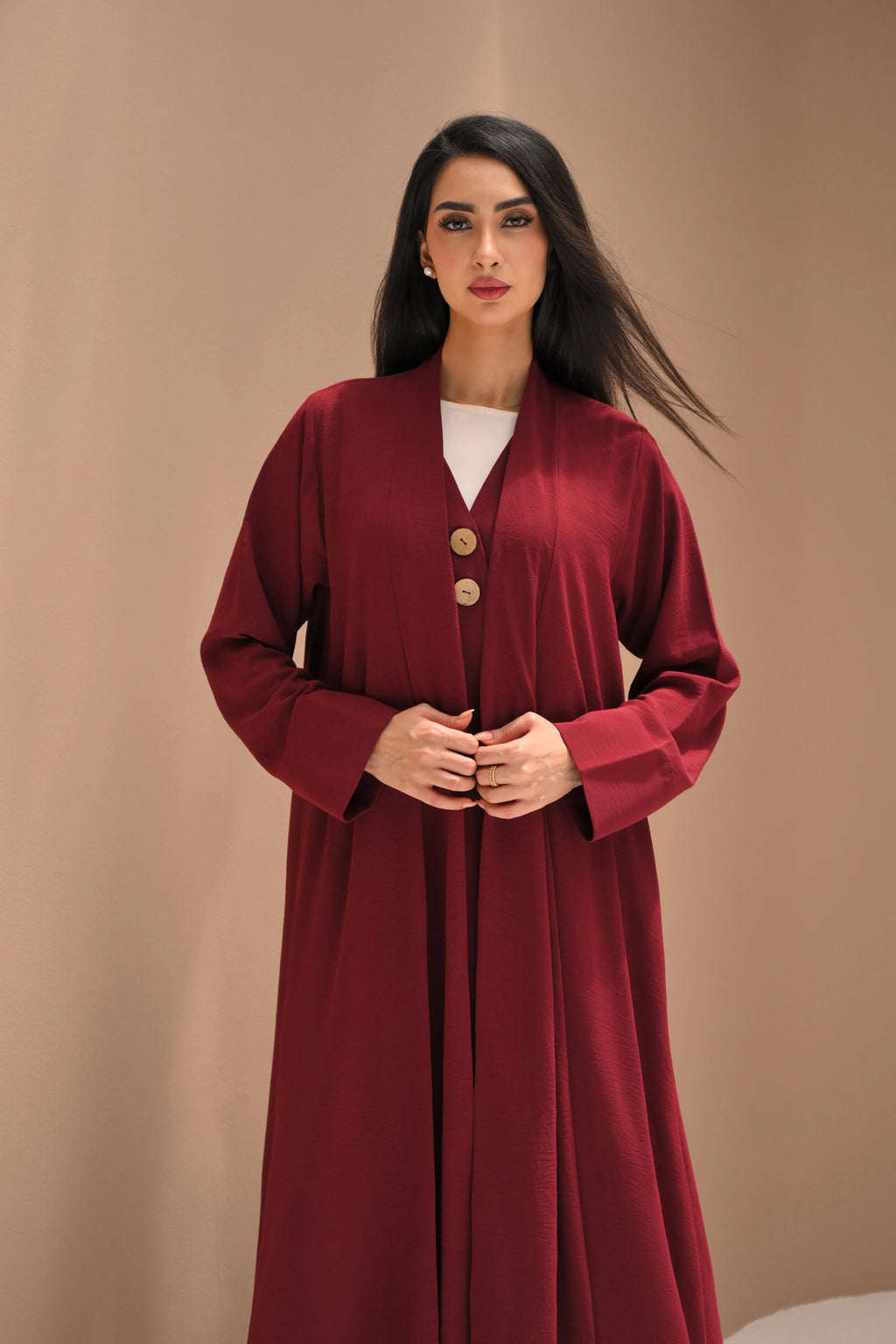 Royal burgundy nida fabric abaya for women with elegant ready-to-wear Emirati design