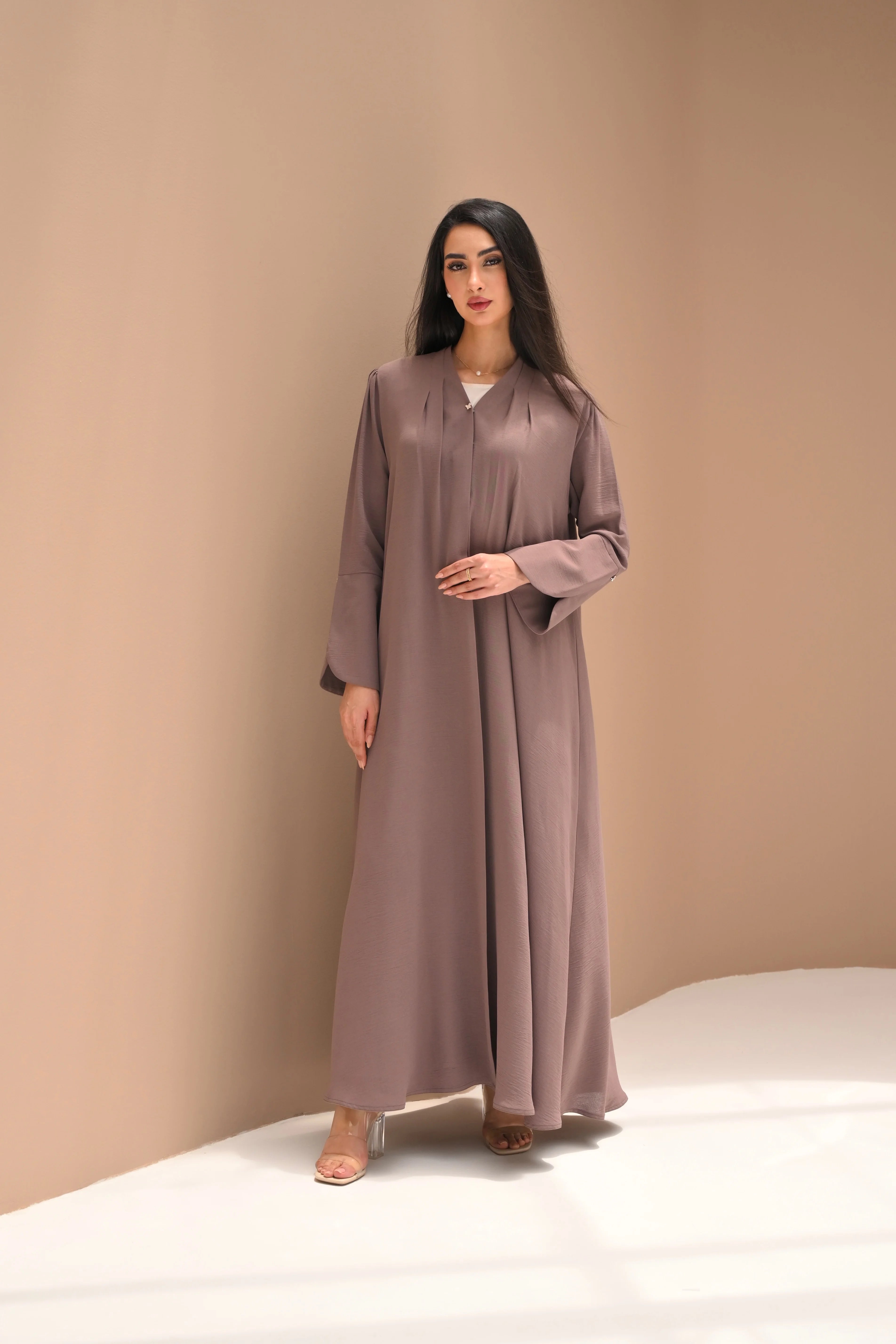 Luxury Plain Nida Abaya in Mauve Color with Elegant Emirati Design by Al Anood