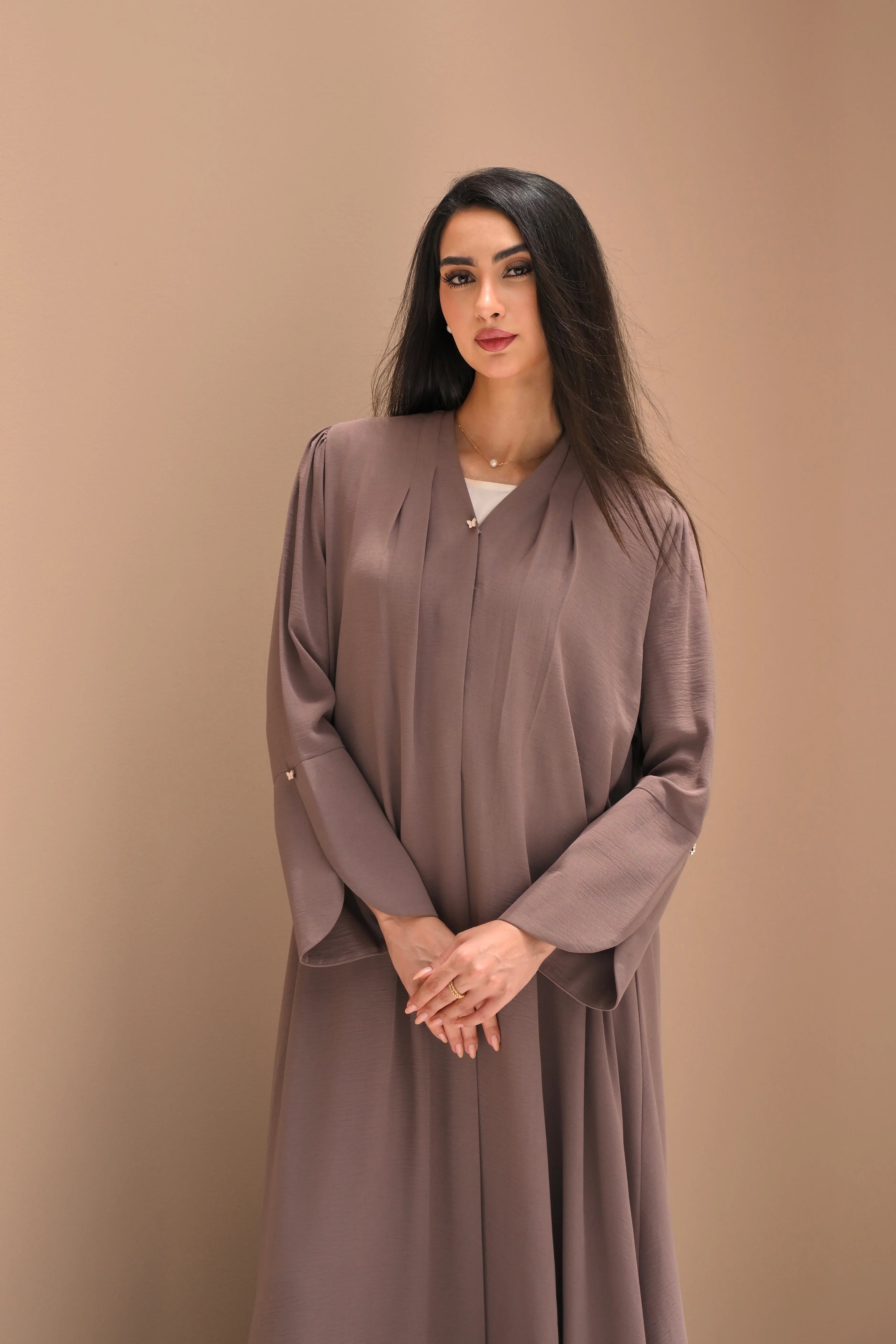 Luxury Plain Nida Abaya in Mauve Color with Elegant Emirati Design by Al Anood