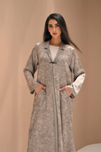 Luxury Floral Nida Abaya in Light Beige with Elegant Collar and Side Pockets