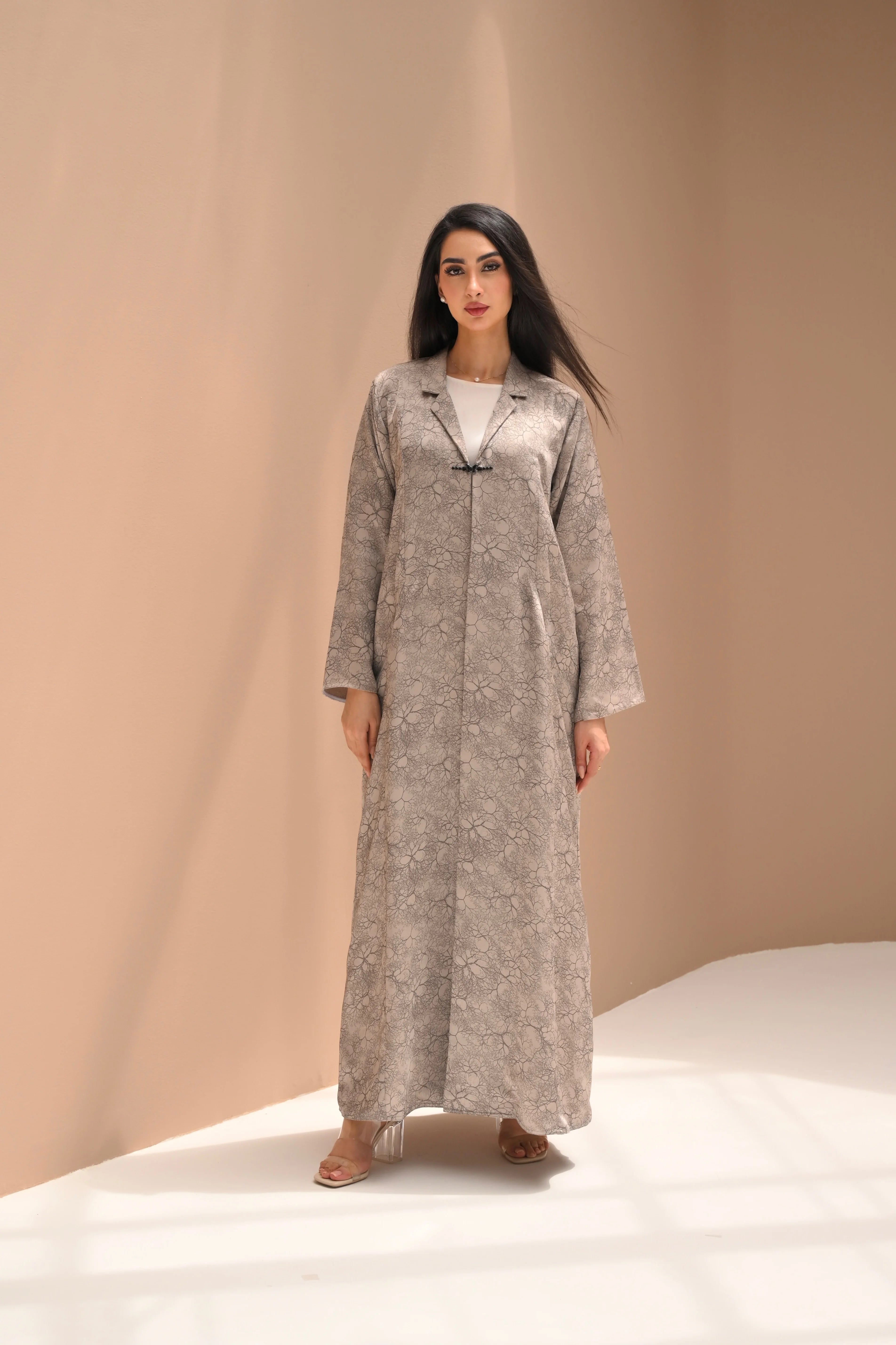 Luxury Floral Nida Abaya in Light Beige with Elegant Collar and Side Pockets