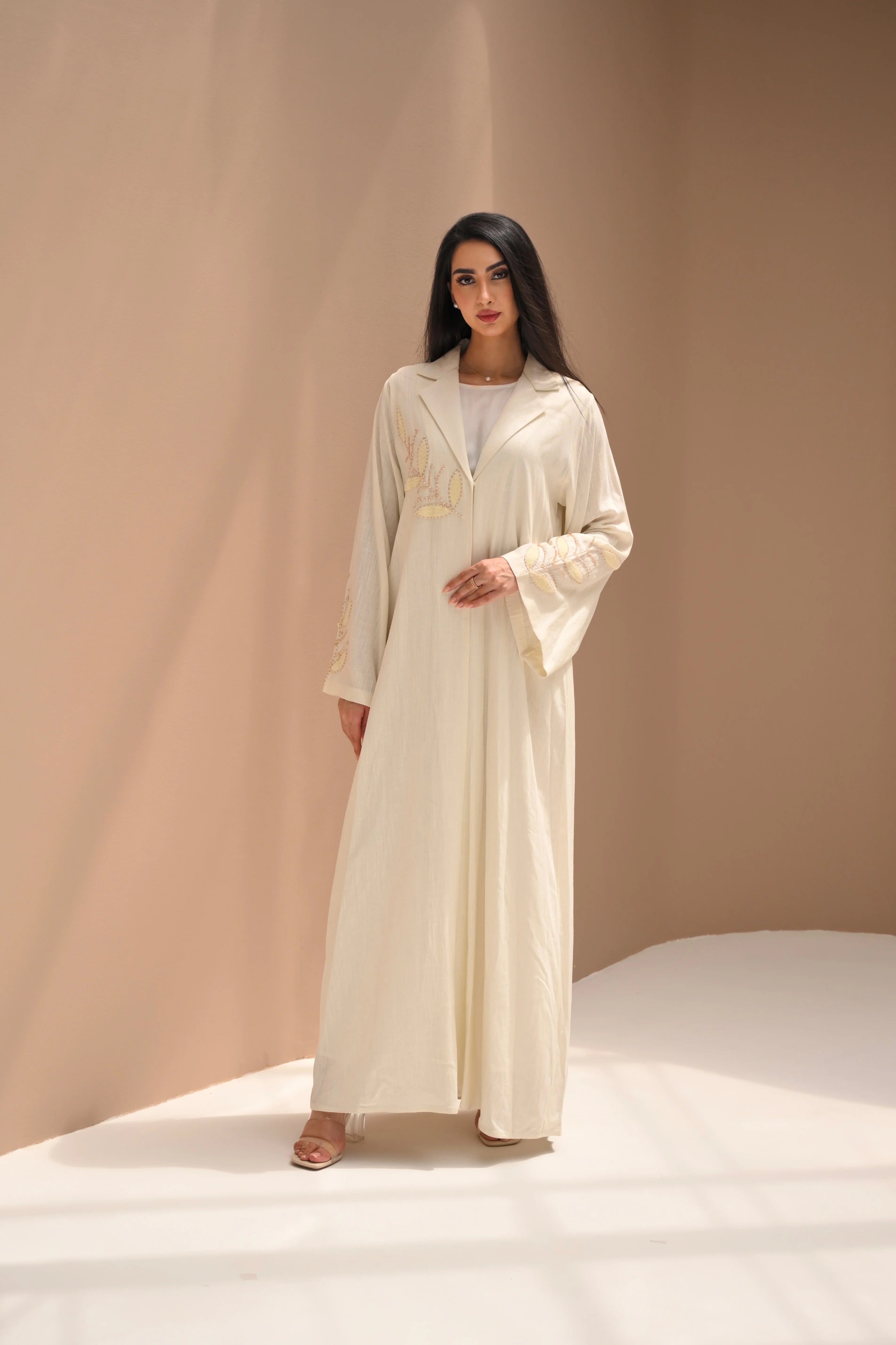 Luxury Off White Abaya with Handcrafted Leaf Embroidery on Sleeves and Chest