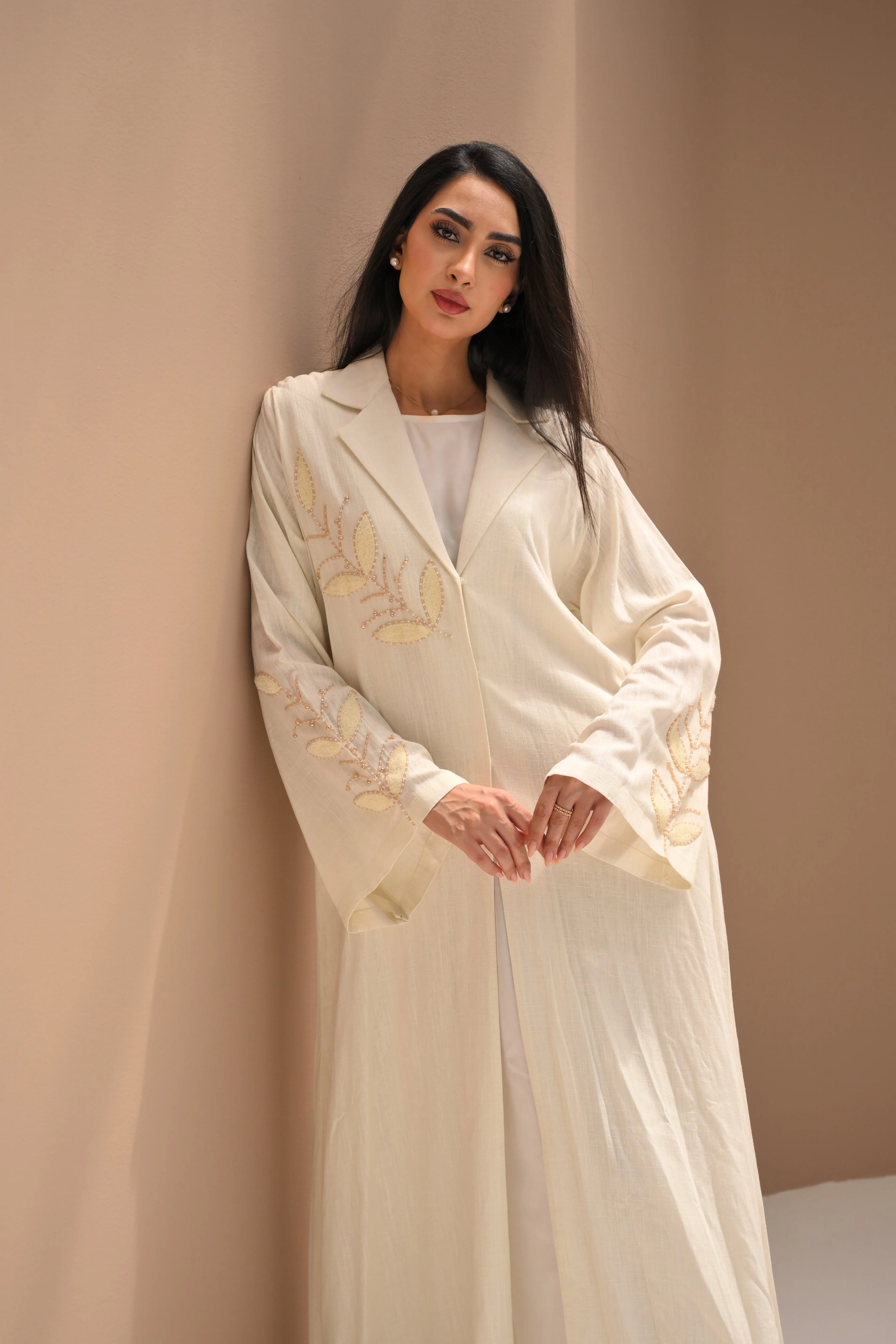 Luxury Off White Abaya with Handcrafted Leaf Embroidery on Sleeves and Chest