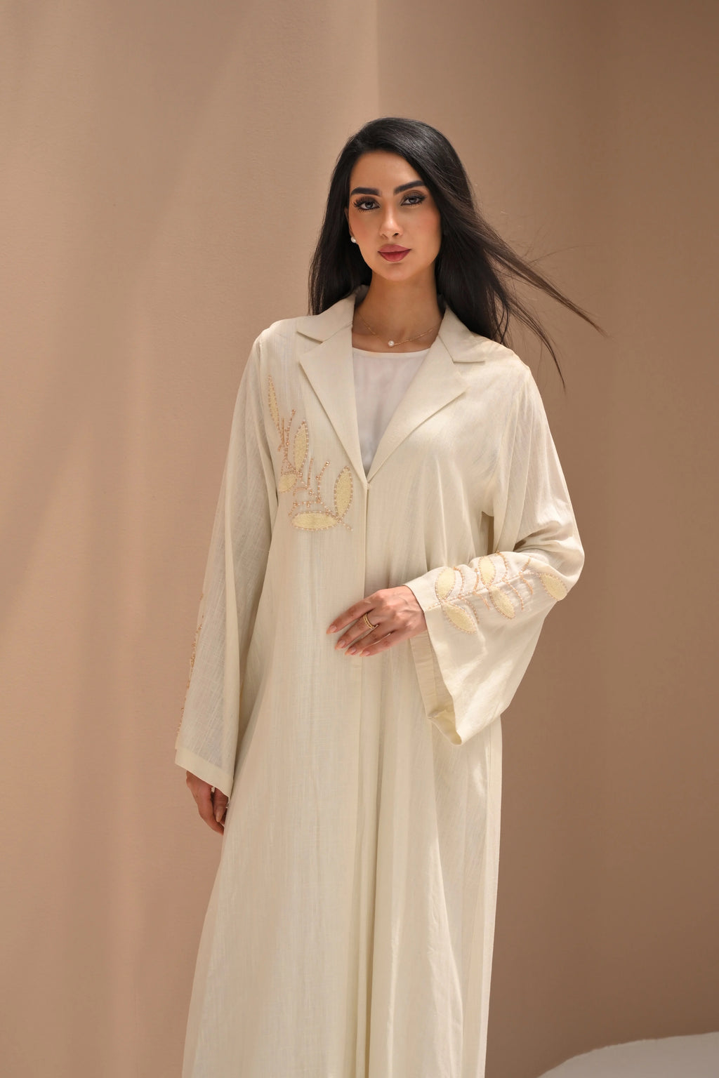 Luxury Off White Abaya with Handcrafted Leaf Embroidery on Sleeves and Chest