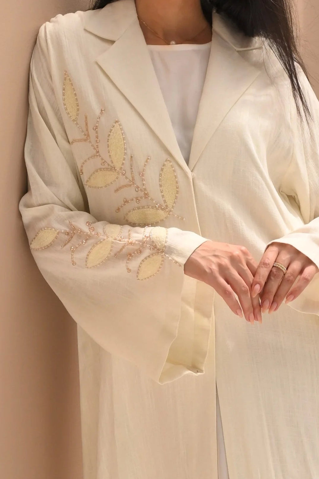 Luxury Off White Abaya with Handcrafted Leaf Embroidery on Sleeves and Chest