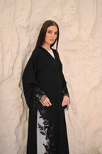 Sheer side panel detail luxury black Nida abaya — Al Anood UAE