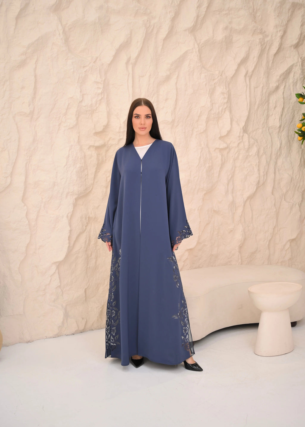 Steel blue Nida abaya with floral laser-cut side panel — Al Anood UAE