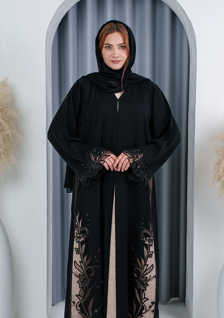 VIP abaya with floral embroidery and sheer elegant design