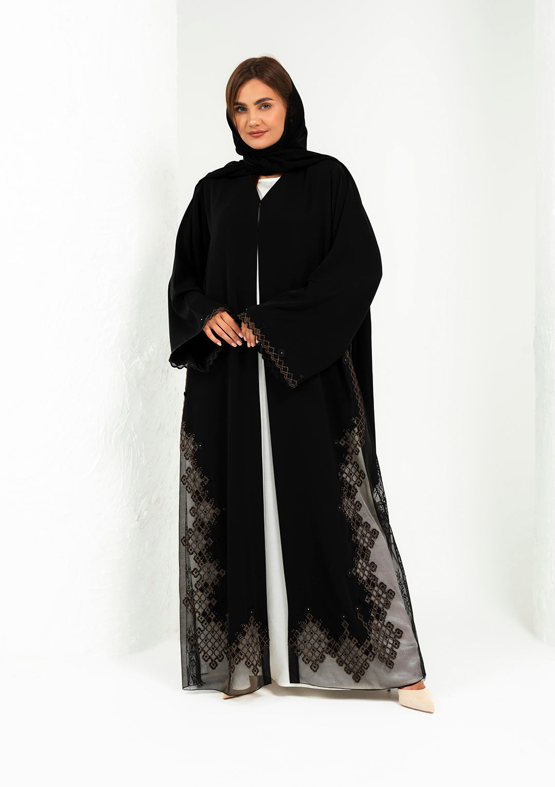 VIP black abaya with bronze embroidery and organza details