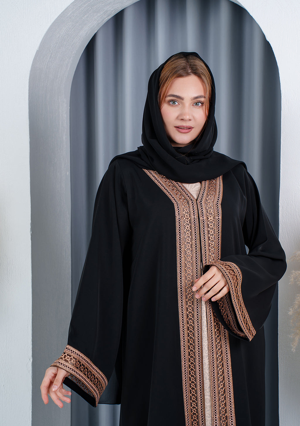 VIP black abaya with rose gold embroidery and organza details
